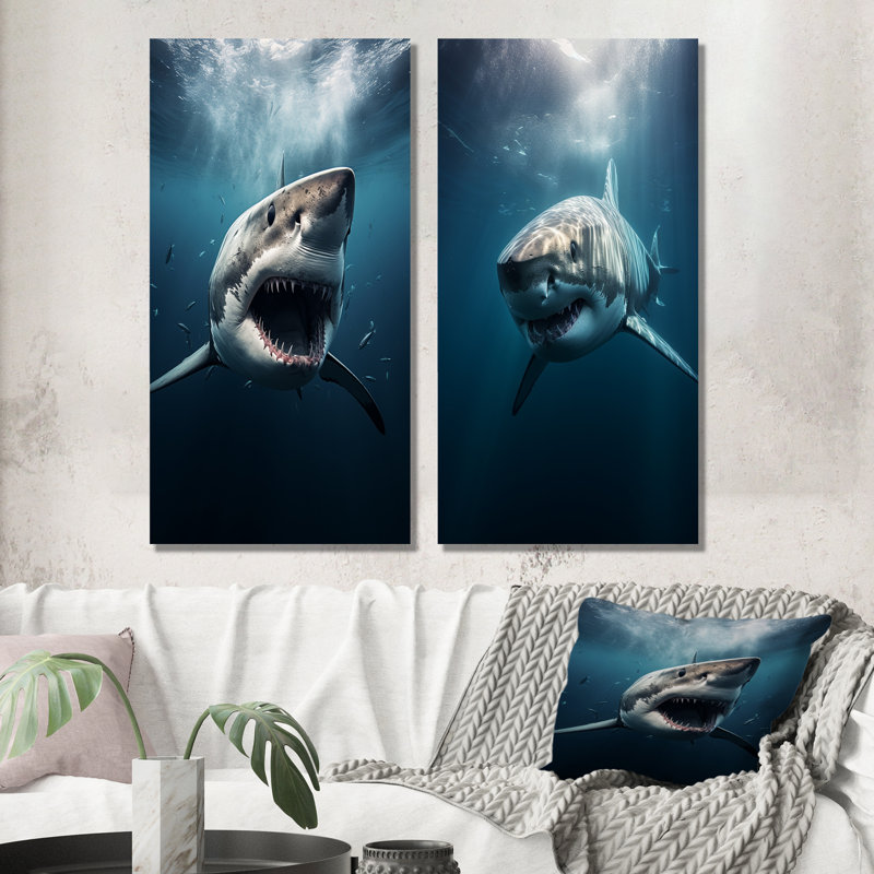 Blue Shark Apex Predator Photo - Shark Wall Decor Set Of 2, 32" H x 33" W, Wrapped Canvas