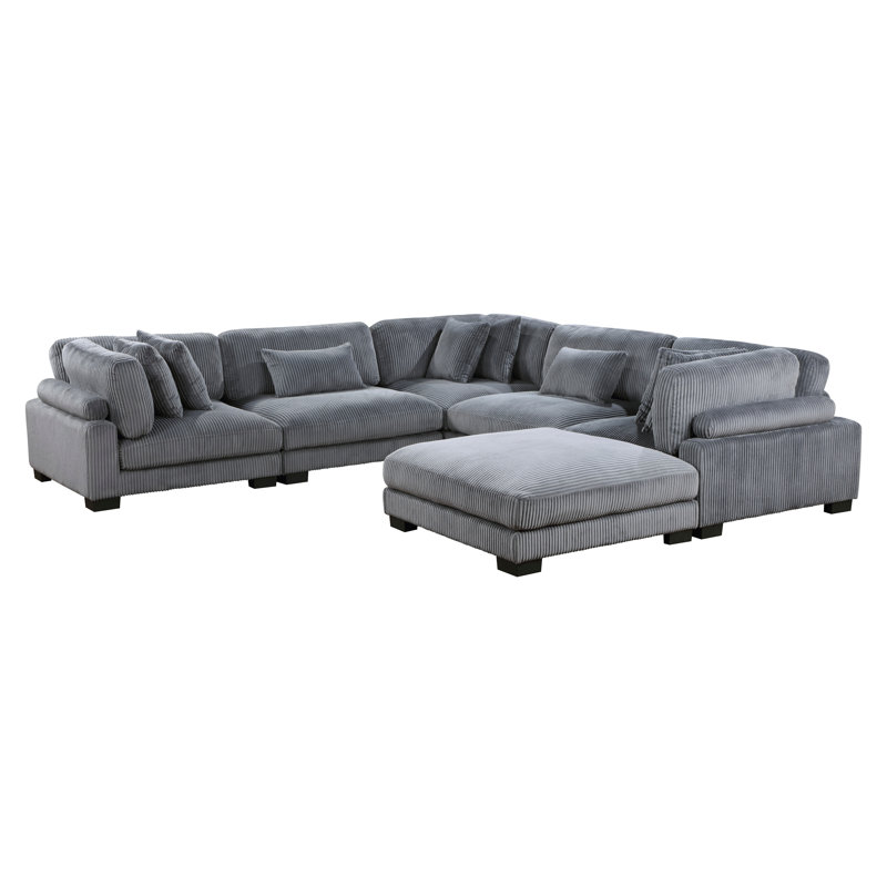 Canapé modulaire avec repose-pieds 6 pièces Sumekh, Velours côtelé gris