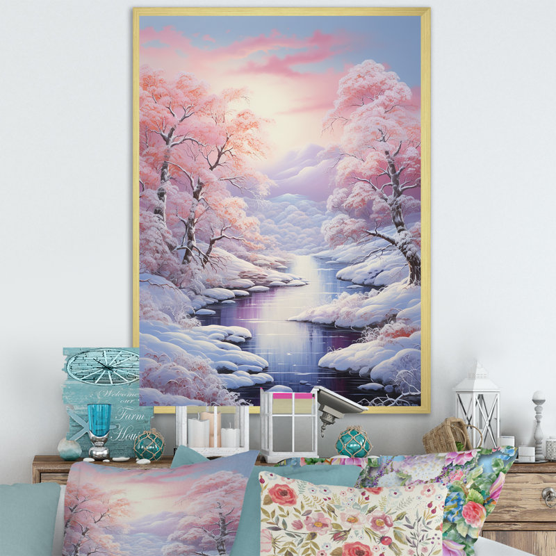 «Winter River Snow Charm Landscape I - Snow», reproduction d'art sur toile, Cadre photo doré simple