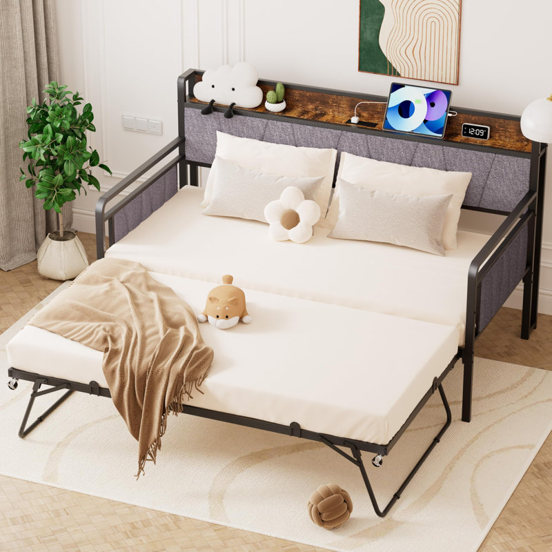 Twin Size Daybed with Trundle,Sturdy Metal Bed Frame with Upholstered Headboard for Living Room, Bedroom, Studio Apartment
