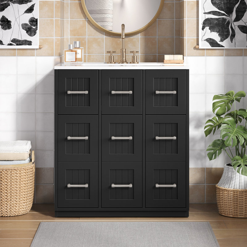 Meuble-lavabo avec lavabo, 2 tiroirs et 3 portes, Noir