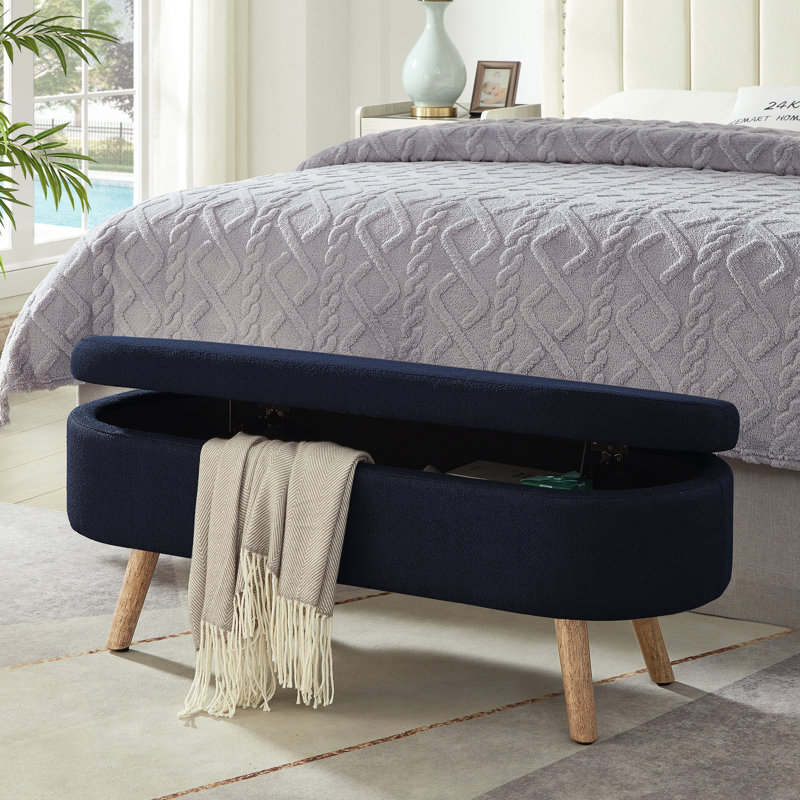 Oval Boucle Storage Ottoman Bench, Luxury Upholstered, Wood Legs, 350lb Capacity, Safety Hinge, Navy Blue