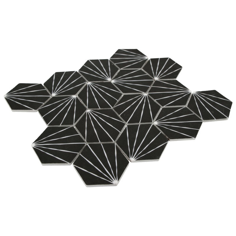 11.8" x 10.2" Art Deco Hexagon Recycled Glass Floor & Wall Mosaic Tile, Black