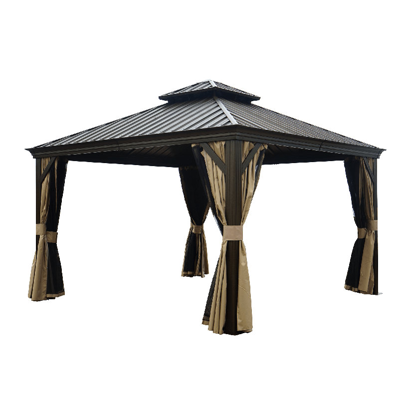 Alexander Dark Brown Double Roof Hardtop Gazebo with Curtain and Mosquito Netting, 12 ft x 12 ft