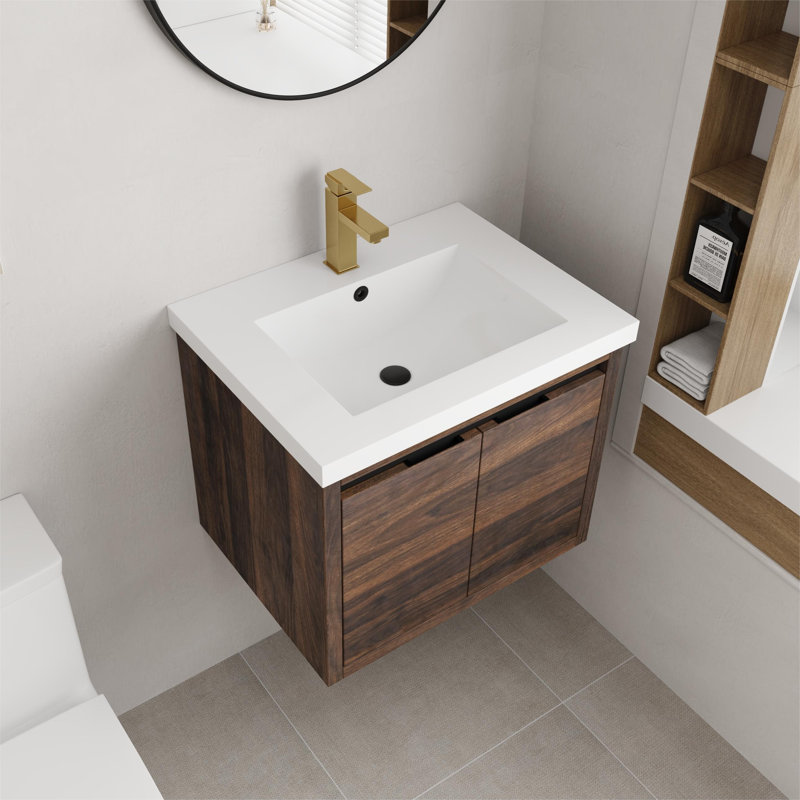 Meuble-lavabo mural simple 24 po avec plateau en résine Alizay et 2 portes, Noyer de Californie