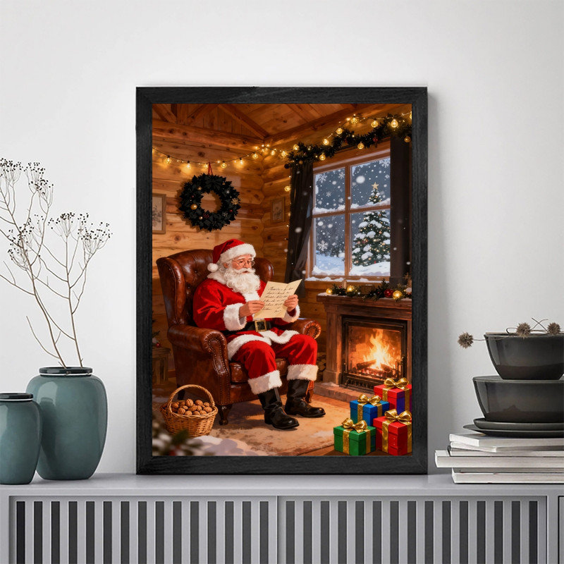 Art mural noir encadré père Noël - décorations festives de chalet douillet, H 11 po x l 9 po
