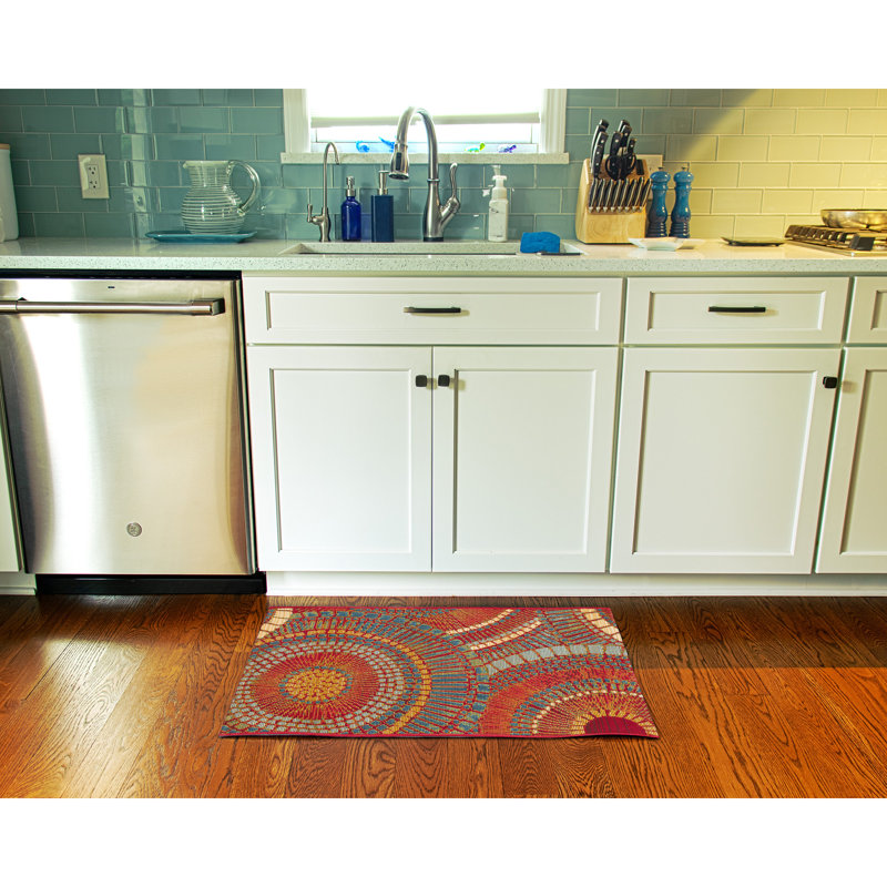 Lygia Abstract Synthetic Non-Skid Kitchen Mat, Red/Orange/Blue, Rectangle 2' x 2'10"