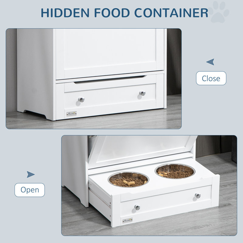 White Elevated Dog Feeder Station with Storage Cabinet