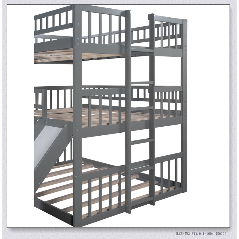 Full-Over-Full-Over-Full Triple Bed With Built-In Ladder And Slide , Triple Bunk Bed With Guardrails, Gray
