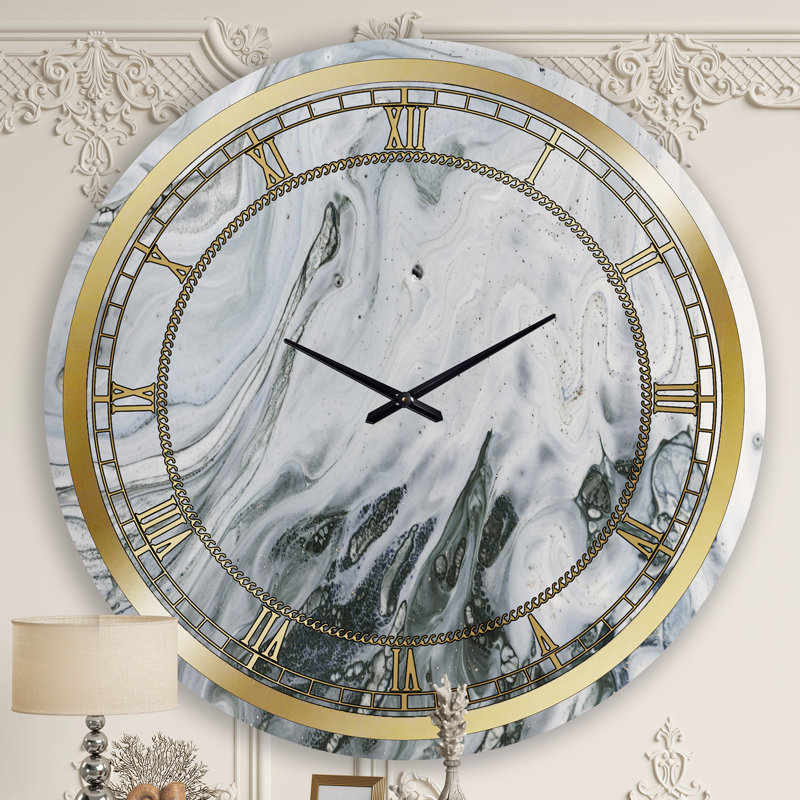 Marbre gris et blanc avec Golden Power - Glam horloge murale, Surdimensionné