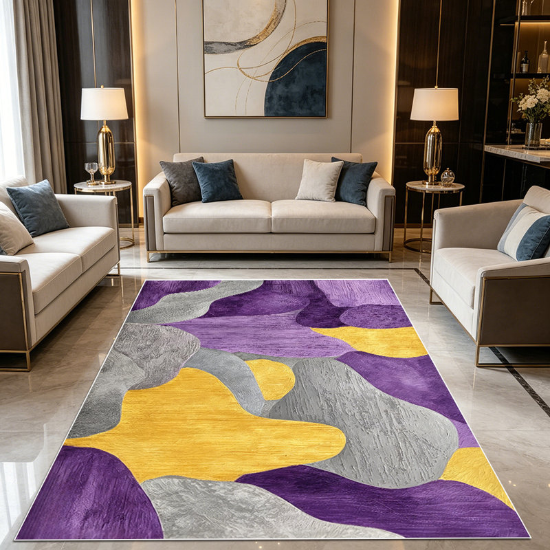 1PC Abstract Wavy Purple Gold Grey area rugs for Living Room, Soft and Comfortable, Suitable for all seasons, easy-to-maintain, machine washable Indoor floor mat, Under Table Farmhouse suitable for living room, dining area, bedroom, entryway, home