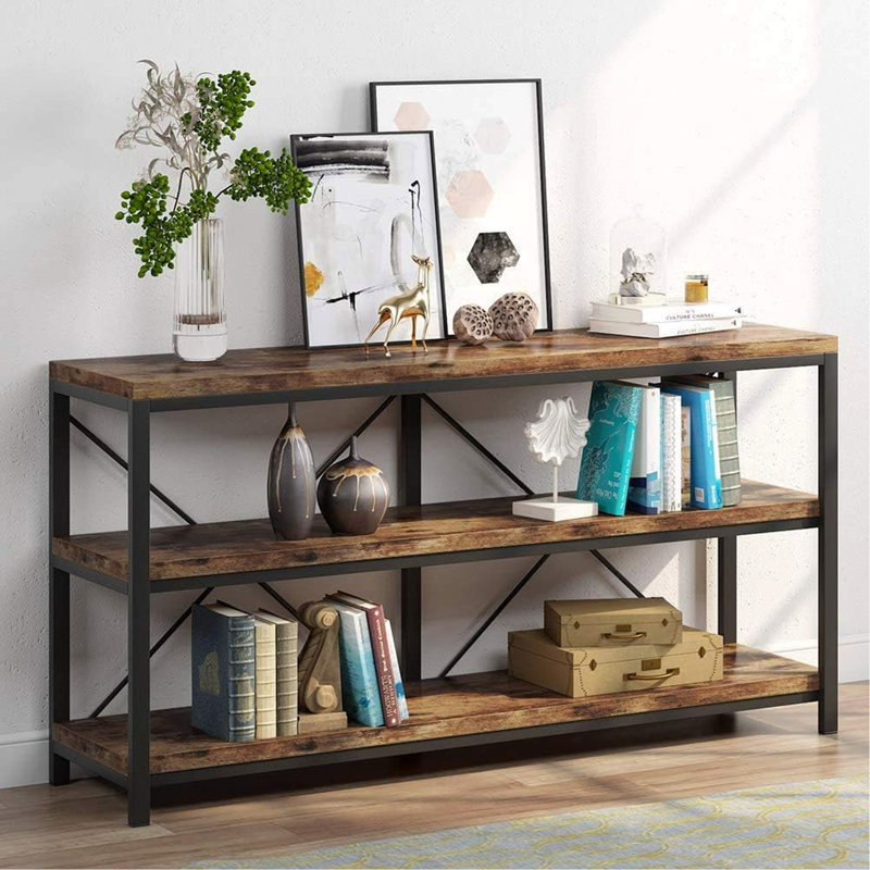 Console industrielle 55 po avec tablettes de rangement - Canapé brun rustique à 3 niveaux derrière le canapé, table d'entrée étroite avec tablettes ouvertes pour le salon, le couloir, le meuble télé