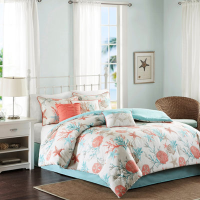 King Size Cotton Comforter - 7 Piece, Coral , Piece