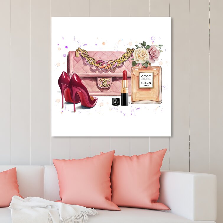 Oliver Gal 'Doll Memories - Pink Roses Bag and Accessories Square' Fashion, Glam Wall Art Canvas Print Essentials - Pink, White - 24 x 24