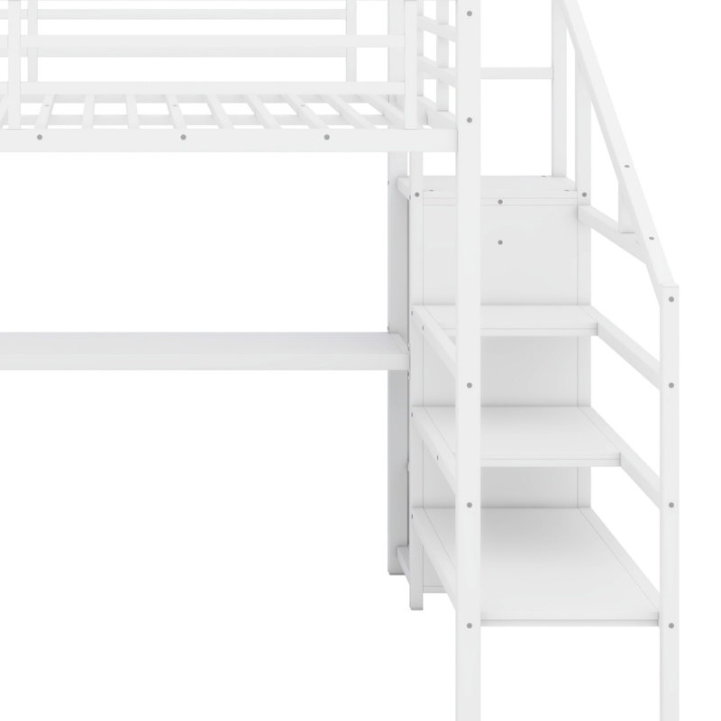 Metal Loft Bed With L-Shaped Desk And USB, Wardrobe And  Shelf, High Loft Bed With LED For Kids Teens Adults, White, Queen