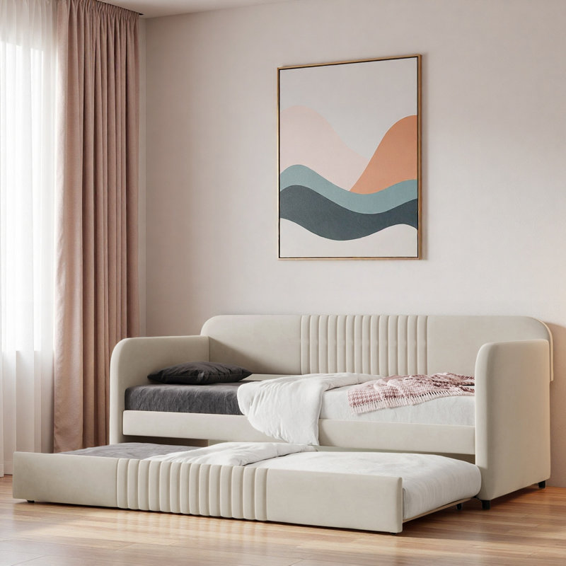 Upholstered Daybed With Trundle And Wood Slat, Beige