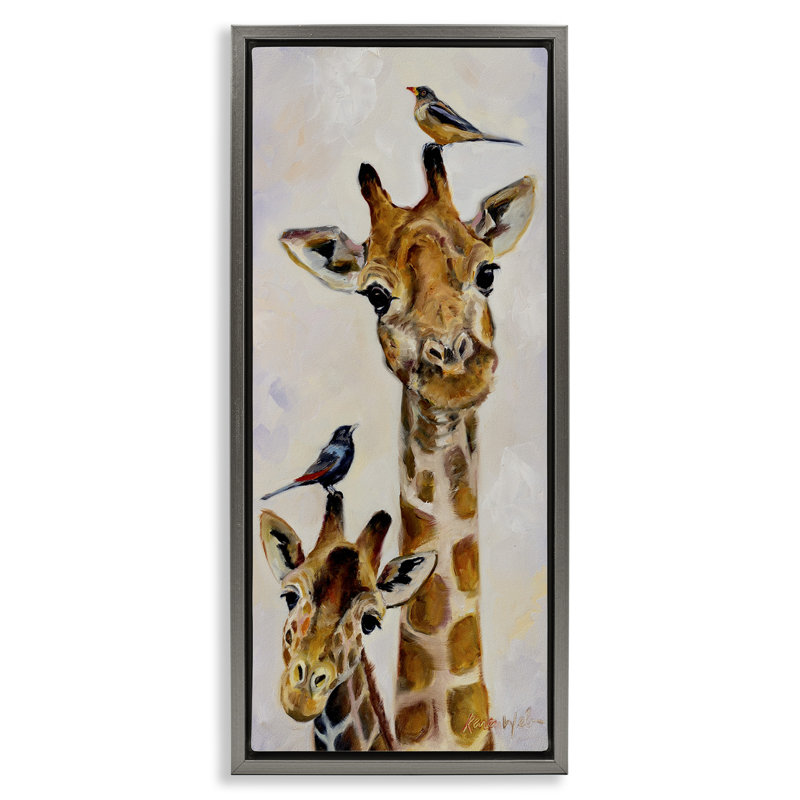 Girafe et oiseaux perchés, art mural encadré par Karen Weber, Cadre flottant gris lustré, H 25 po x l 11 po