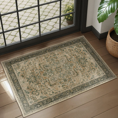 Vintage Area Rugs, Tranditional Distressed Medallion Printed Low Pile Thin Rugs, Non Slip Washable Carpet Rugs