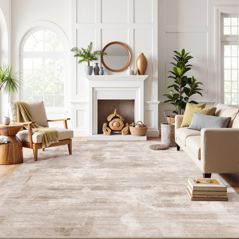Tapis abstrait lavable à la machine avec envers antidérapant Amott, Beige, 0.28", Rectangle 6 pi x 9 pi