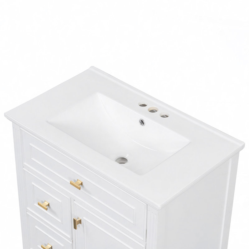 Meuble-lavabo avec lavabo, meuble-lavabo avec un tiroir rabattable et deux tiroirs, tablette réglable, bois massif et panneau de fibres à densité moyenne