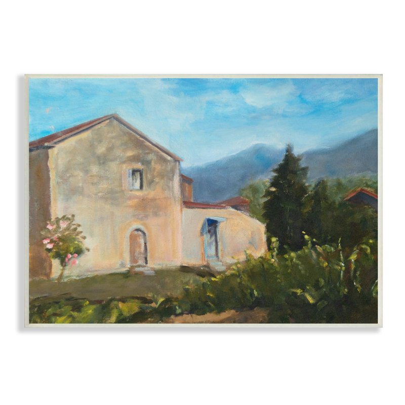 «Traditional Vineyard Villa Landscape Tall Trees Mountain Range» par Susanne Marie - Peinture, H 13 po x l 19 po, Bois