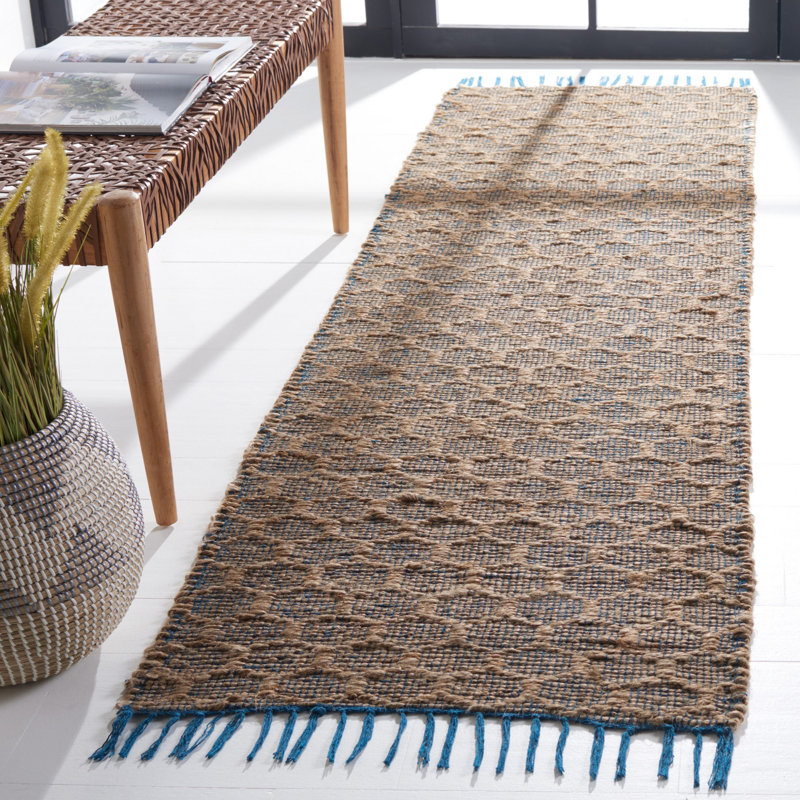 Lanston Geometric Handwoven Cotton Navy/Tan Area Rug, Runner 2'3" x 8'