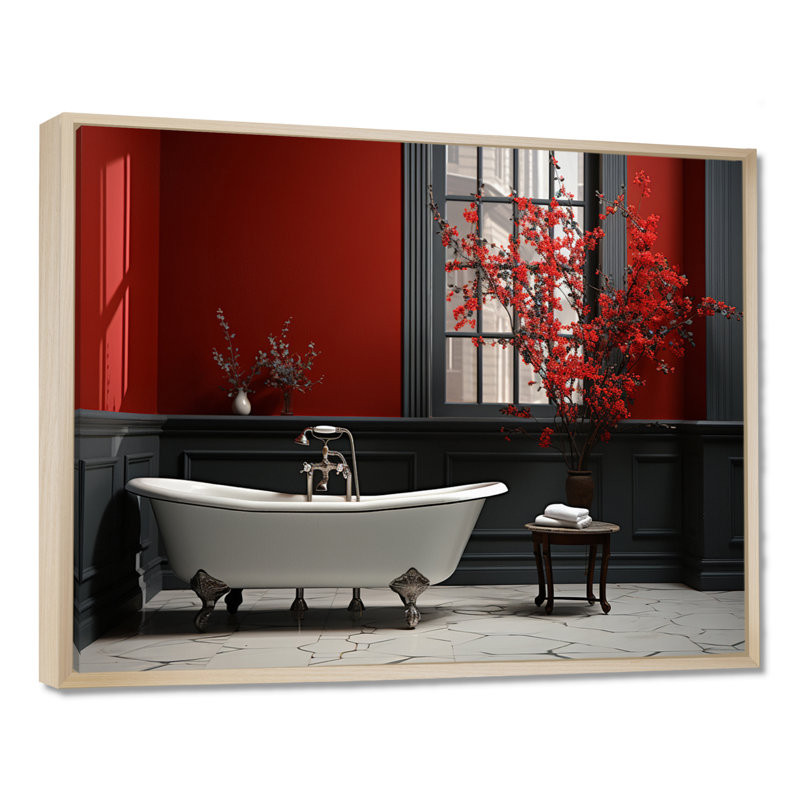Rouge moderne, charme de salle de bain V - Art mural, H 16 po x l 32 po x P 1 po, Cadre flottant érable
