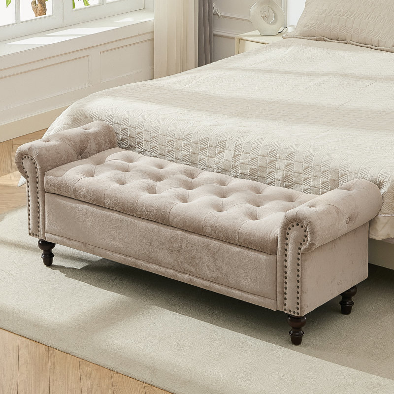 Banc de rangement rembourré avec compartiments de rangement segmentés, Velours brun clair, H 20,8 po x l 58,1 po x P 18,7 po
