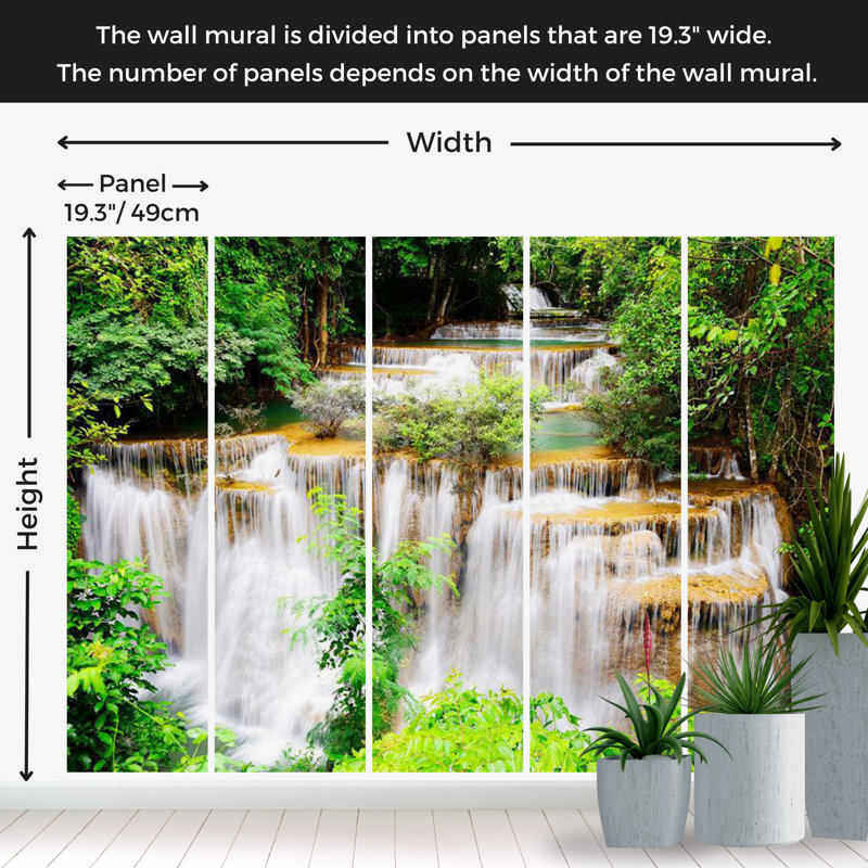 Murale paysage pelez et collez - cascade thaïlandaise, L 110 po x l 154 po