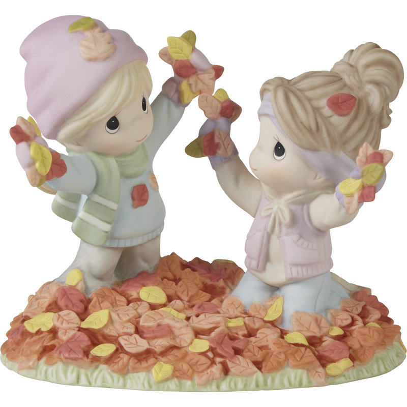 Autumn Friends Playing in Leaves Porcelain Figurine
