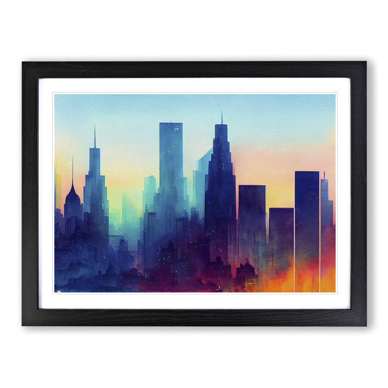 Watercolour City Skyline Vol.4 Abstract - Single Picture Frame Painting, Black Framed, 25cm H x 34cm W x 2cm D