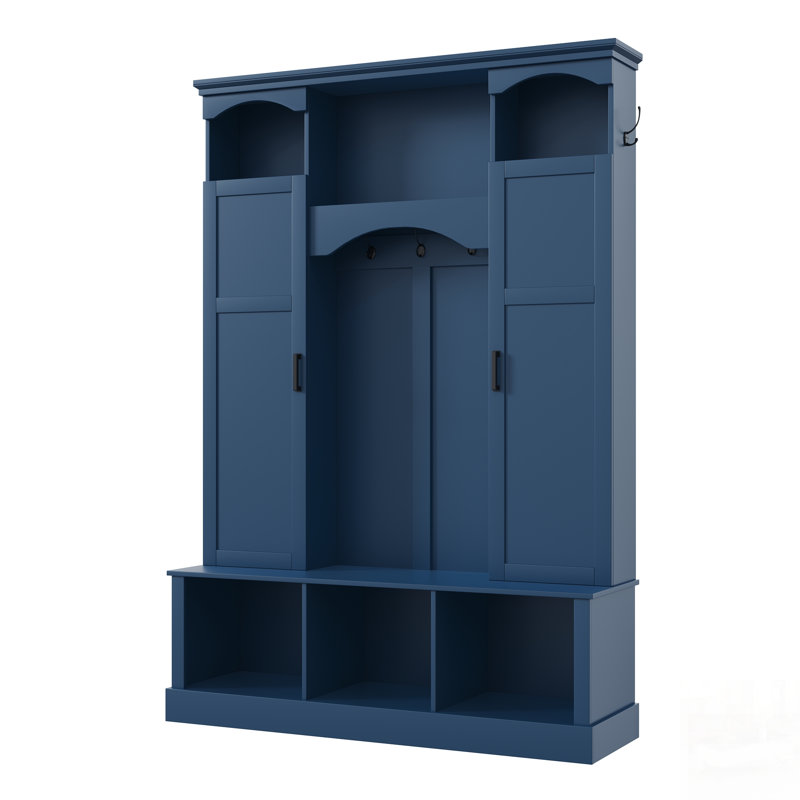 Modern All-In-One Hall Tree With Adjustable Shelves, Classic Arched Farmhouse Storage Bench With Dual Side Cabinets, Elegant Entryway Organizer With 7 Hooks For Mudroom, Hallway