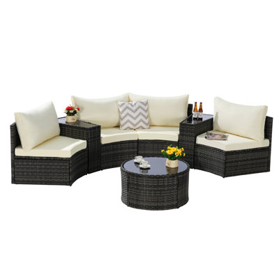 7 Half-Moon Patio Furniture For Outdoor - Strong Composite Woven And Scratch Cushions With Round Coffee Table Salt Sunproof