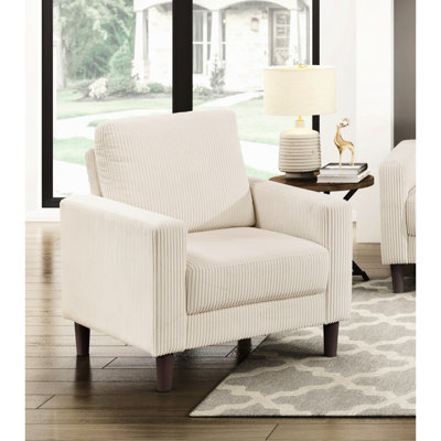 Chaise d'appoint rembourrée en velours côtelé beige moderne avec noyau en bois massif et contreplaqué, rembourrée pour socialiser, rembourrage en mousse haute densité, faux pieds bruns exposés, espace de vie principal idéal contemporain