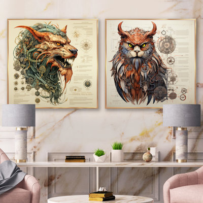Mythical Creature Diagrammatic Drawing - Fantasy & Sci-Fi Square Collage Set Of 2