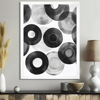 Cercles radiaux noirs et blancs monochromes II - Tableau géométrique abstrait encadré
