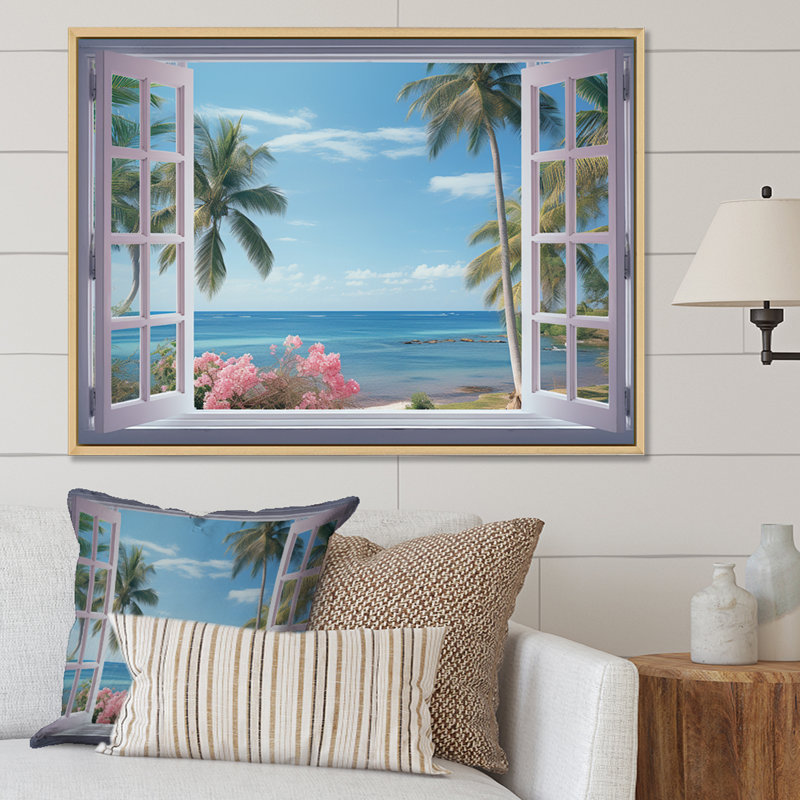 Vue sur l'océan tropical à travers une fenêtre blanche ouverte - art mural sur toile côtière, Cadre naturel flottant
