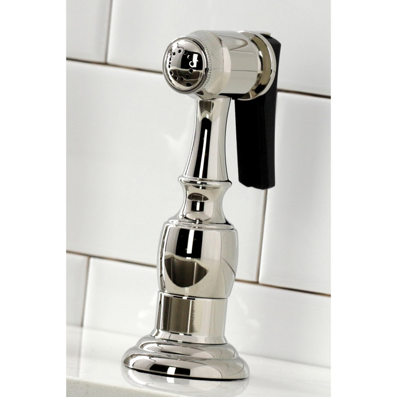 Kingston Brass Heritage Two-Handle 4-Hole Deck Mount Bridge Kitchen Faucet with Brass Side Sprayer, Brushed Nickel