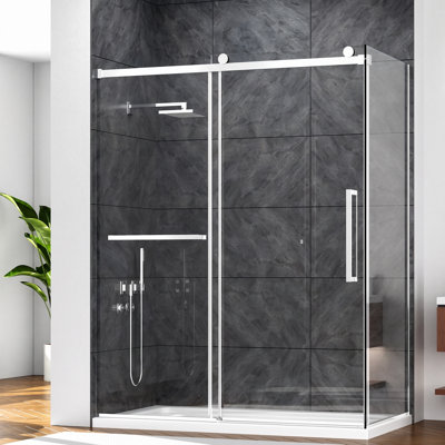 Porte de douche en verre coulissante sans cadre de 60 po x P 32 po x H 76 po, porte de douche d'angle en forme de L, verre trempé de 3/8 po et 5/16 po de style GSCC, double revêtement en nano, acier inoxydable, étanche, chrome