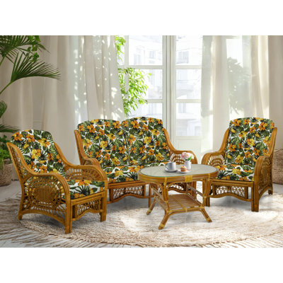 Malibu Lounge Set Of 4: 2 Natural Rattan Wicker Chairs, Loveseat And Coffee Table W/Glass Handmade, Colonial