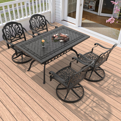 5-Piece Rectangular Cast Aluminum Patio Dining Set with Swivel Chairs & Brown Cushions