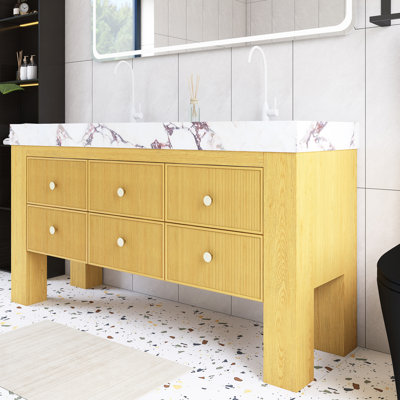 Meuble-lavabo double autoportant 60 po avec plateau en pierre frittée et lavabo en céramique 60 po