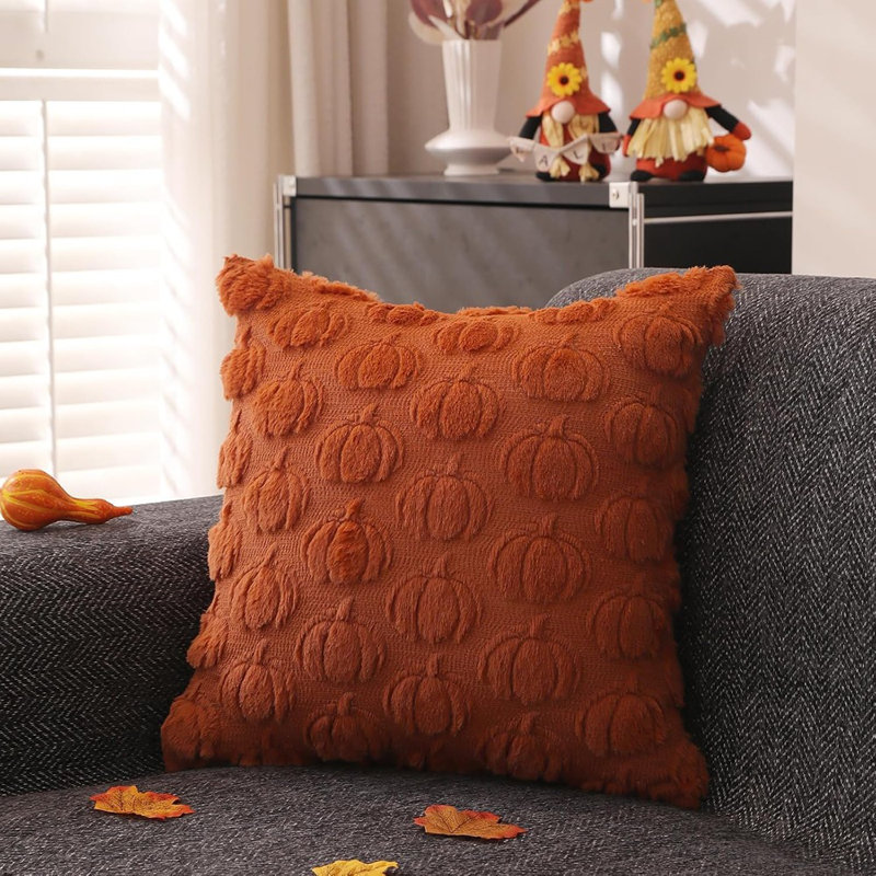 Housses de coussins d'automne 18 x 18 pouces, ensemble de 2 pour décorations d'automne Rouille d'automne Citrouille douce et moelleuse en fausse fourrure Coussins de coussin en laine pour canapé Salon Canapé-lit