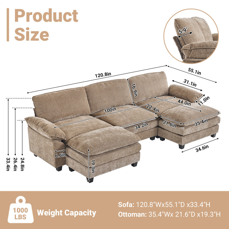 Shugar Solid and Manufactured Wood U-Shaped Sectional, Brown Chenille