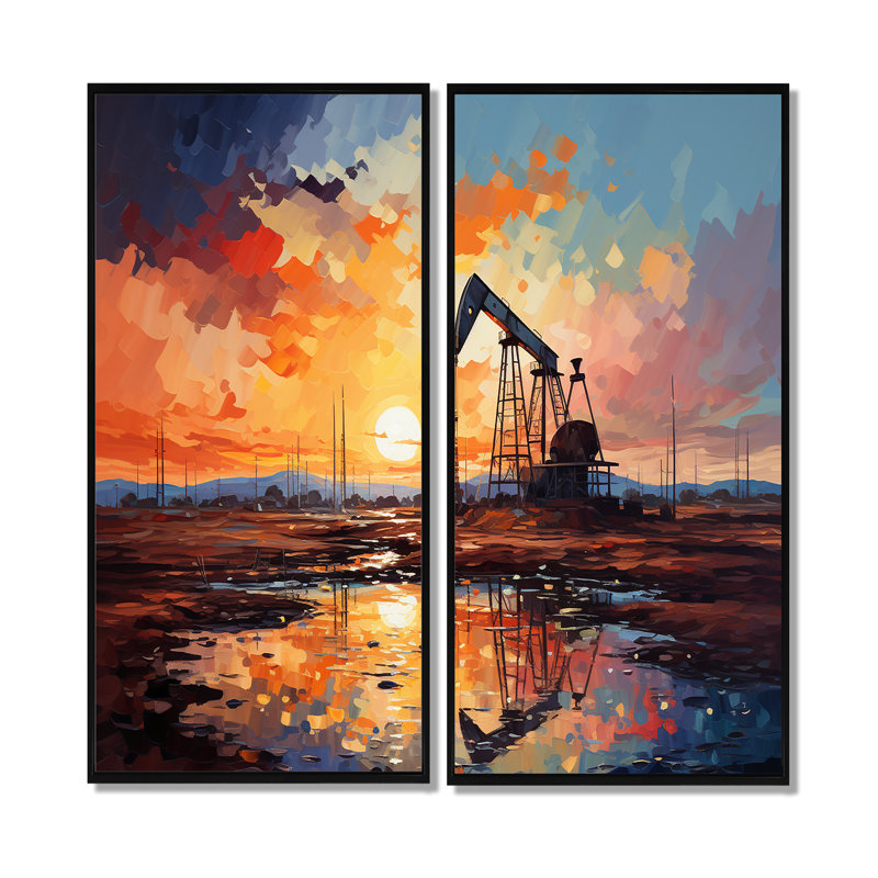 «Orange Oil Rigs Pumpjack In Texas II», art mural sur toile, 40" H x 40" W, Black, Impression encadrée flottante