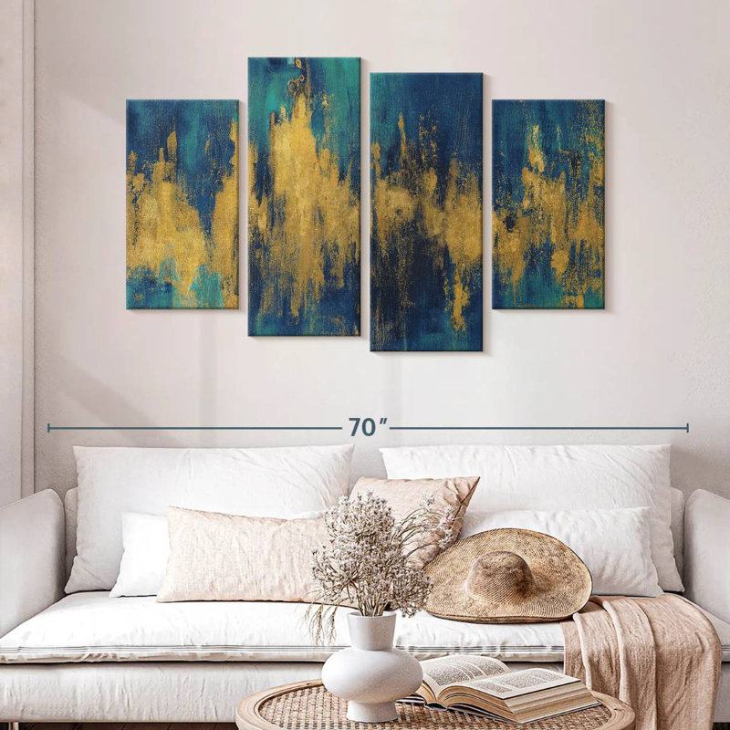 Avery abstrait bleu foncé et or, H 32 po x l 52 po