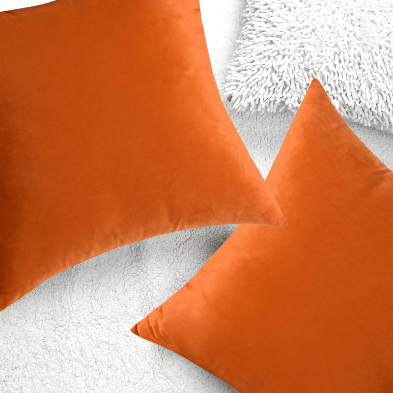 Ensemble de 2 housses de coussin en velours de couleur unie, Orange, H 18 po x l 18 po