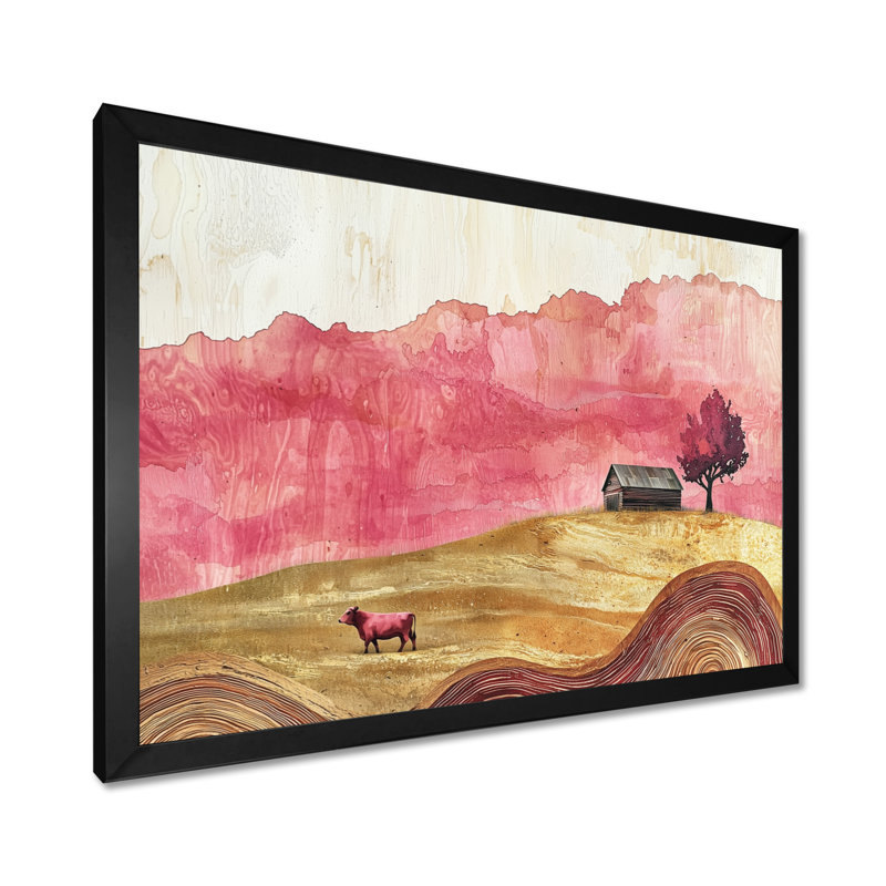 Grange aux roses avec champ de vaches - Paysage I - vache, œuvre d'art murale, H 12 po x l 20 po, Cadre simple