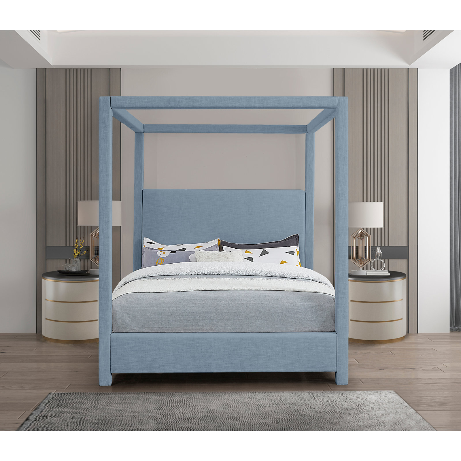 Upholstered Canopy Bed, Sky Blue Linen Textured Fabric, Full