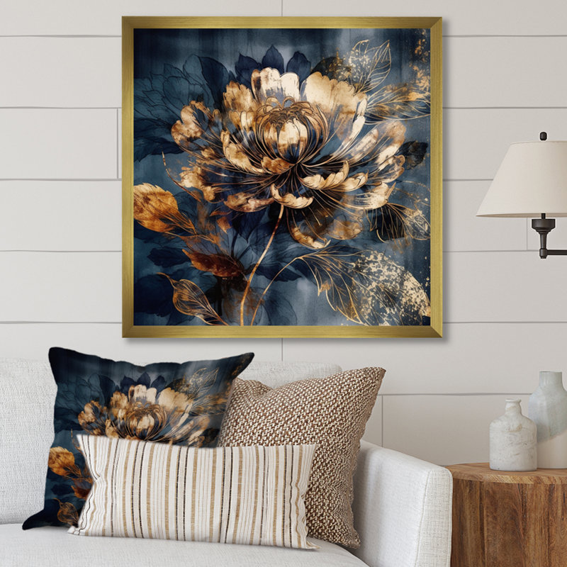 Fleur d'œillet bleu et or III sur bois, H 15 po x l 15 po x P 0,78 po